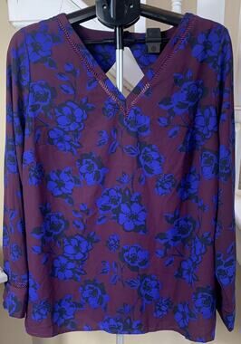 41 Hawthorn Long Sleeve Blouse 1x Burgandy Blue Floral